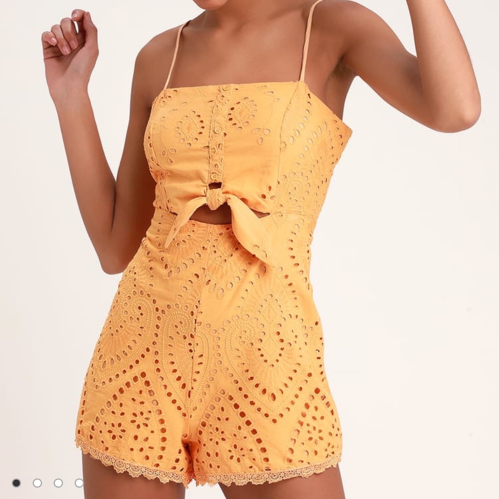 Lulu’s Keala Orange Tie-Front Eyelet Lace Romper